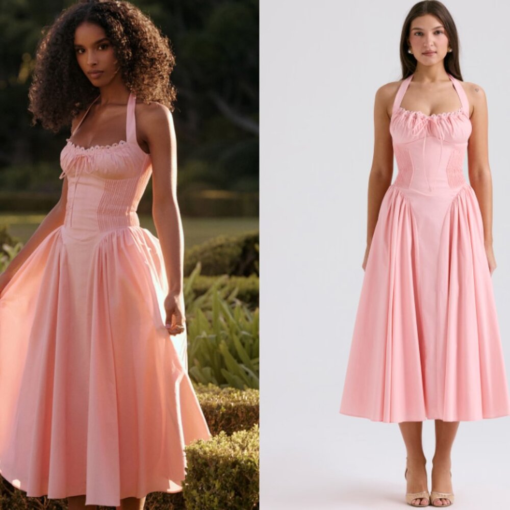 HOUSE OF CB 'Adabella' Rose Pink Cotton Halter Midi Sundress NWOT